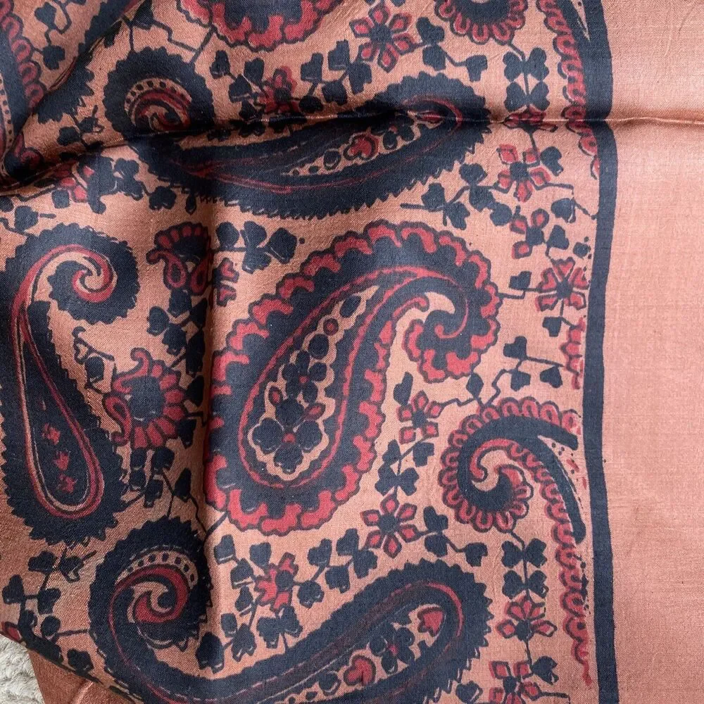 Vintage silk scarf black & brown paisley print 24